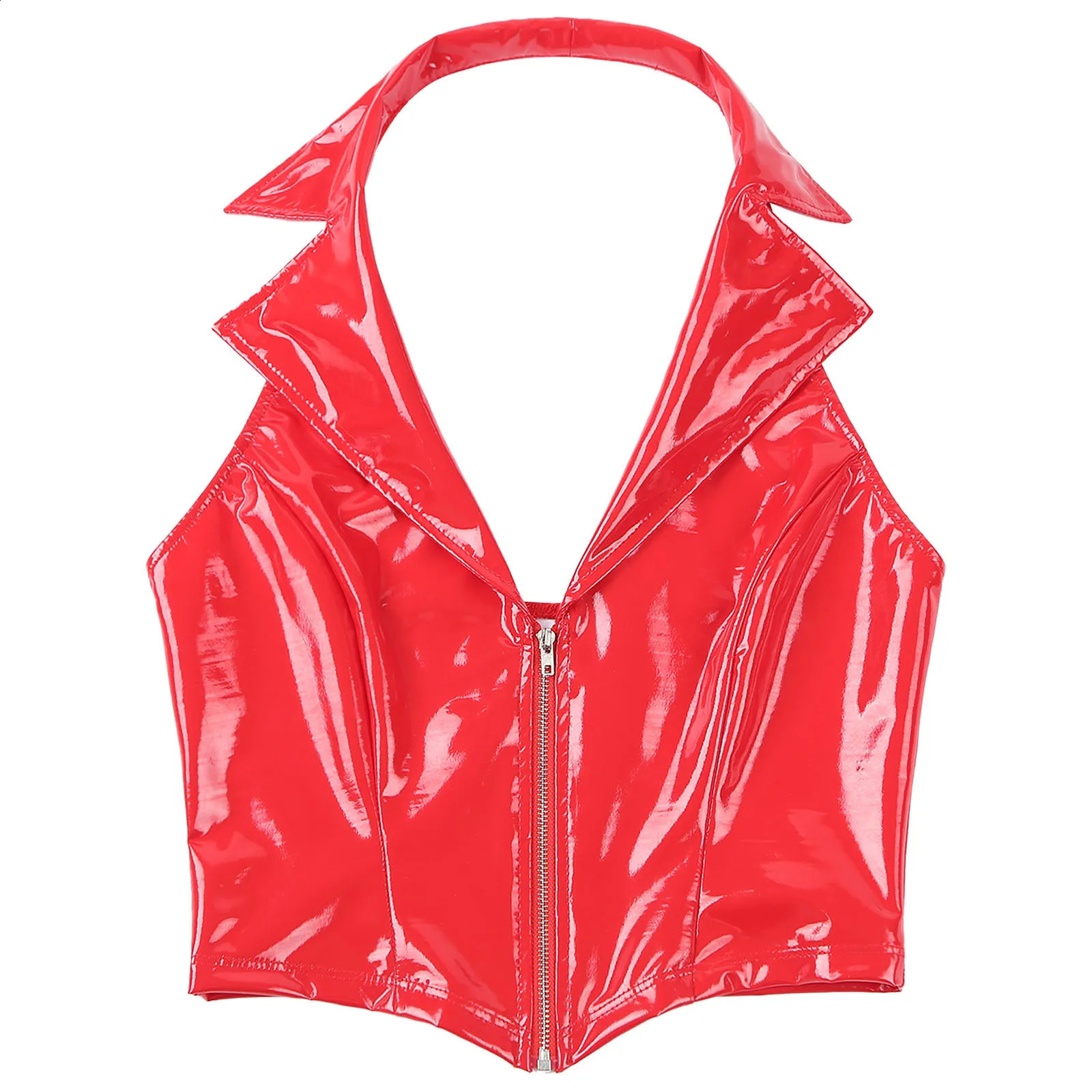 Sexy womens smooth patent leather vest crop top ceiling notch lapel backless deep V-neck zipper ultra-thin suitable for waist belt party club wear 240