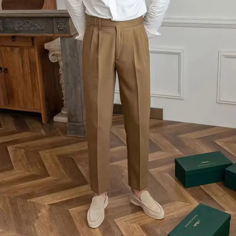 Mens high waisted Paris buckle straight Trouser high-quality Naples set pants summer thin English style business casual street pants 240828