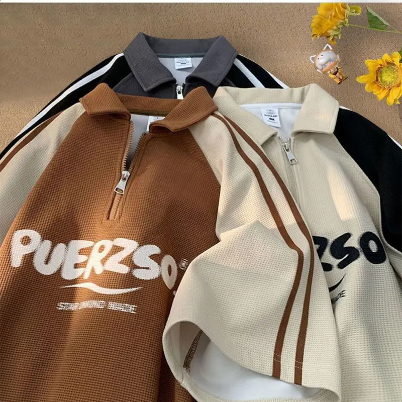 Japanese waffle biscuit half zip lapel short sleeved Tshirt suitable for men and women Versatile polo shirt summer student round neck y2k ins 240828
