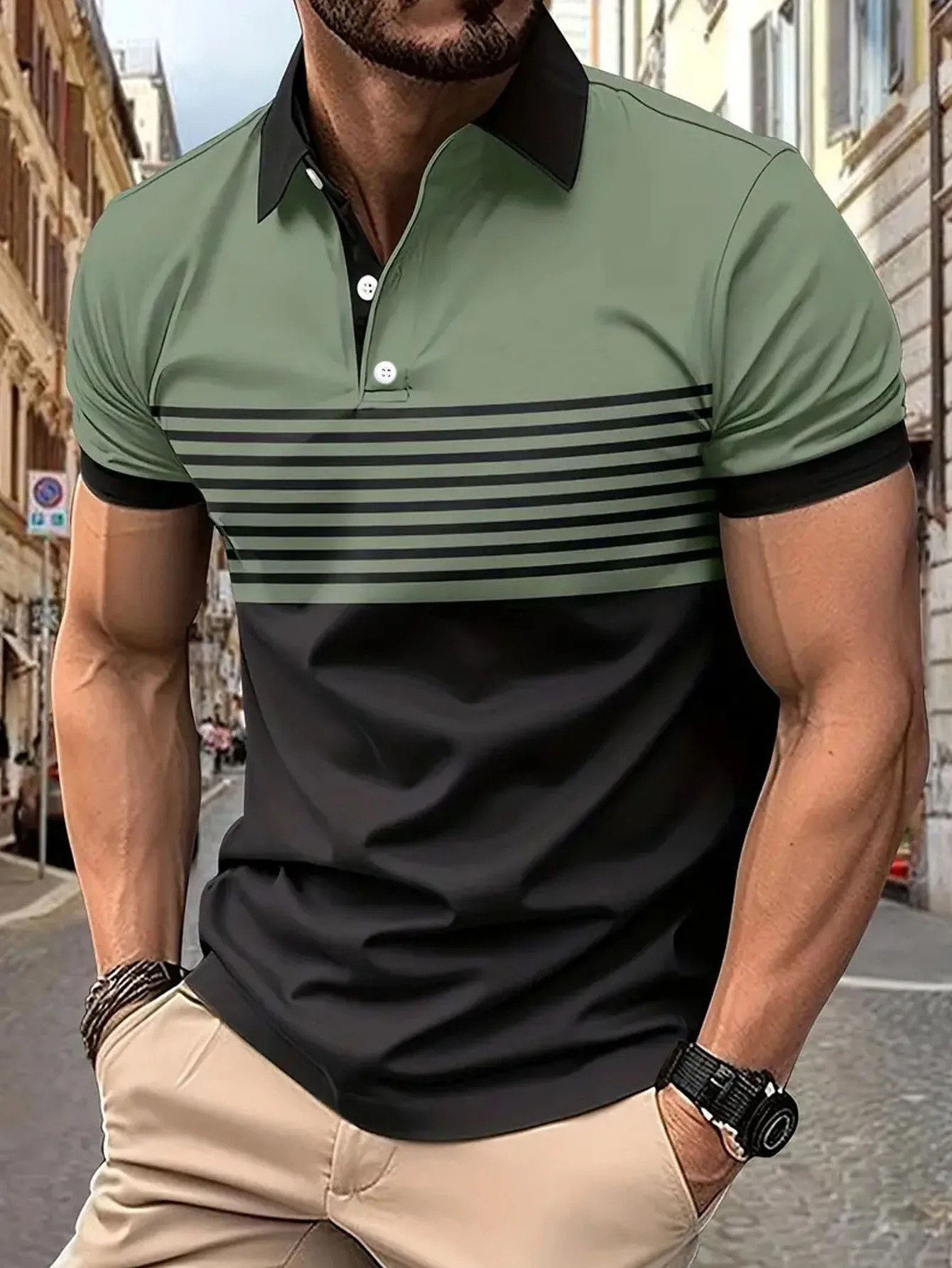 Striped mens casual color short sleeved polo shirt summer golf European measurement 240828