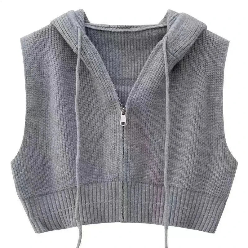 Hooded Waistcoat Knitted vest cardigan Womens shirt Spring and Autumn loose sleeveless sweater Grey jacket 240828