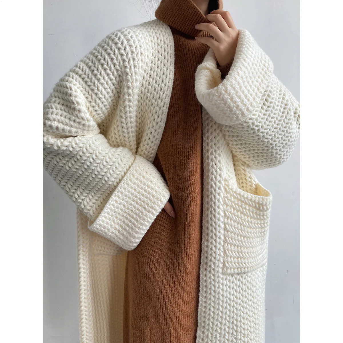 Maxi Cardigan Knit Sweater Women Crochet Spring Autumn Winter Sweater Heart Streetwear Pocket Knitted Coat Long Jacket Jumpers 240828
