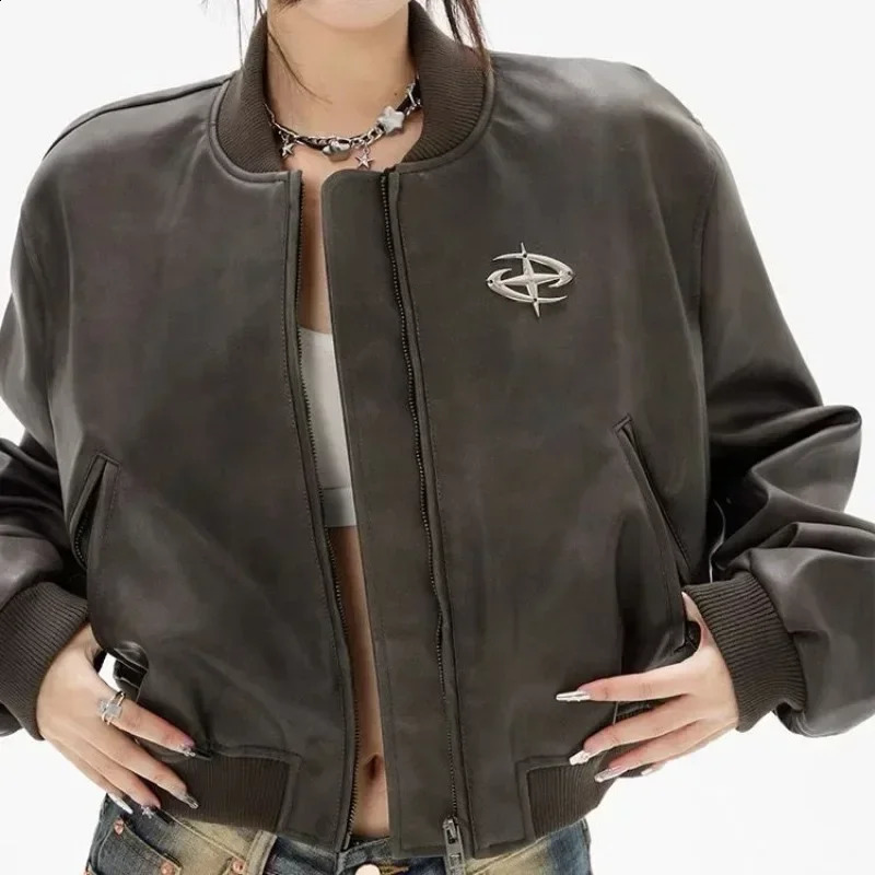 Vintage cut leather jacket for womens autumn and winter motorcycle zipper loose jacket Y2k fashionable streetwear casual jacket 240827