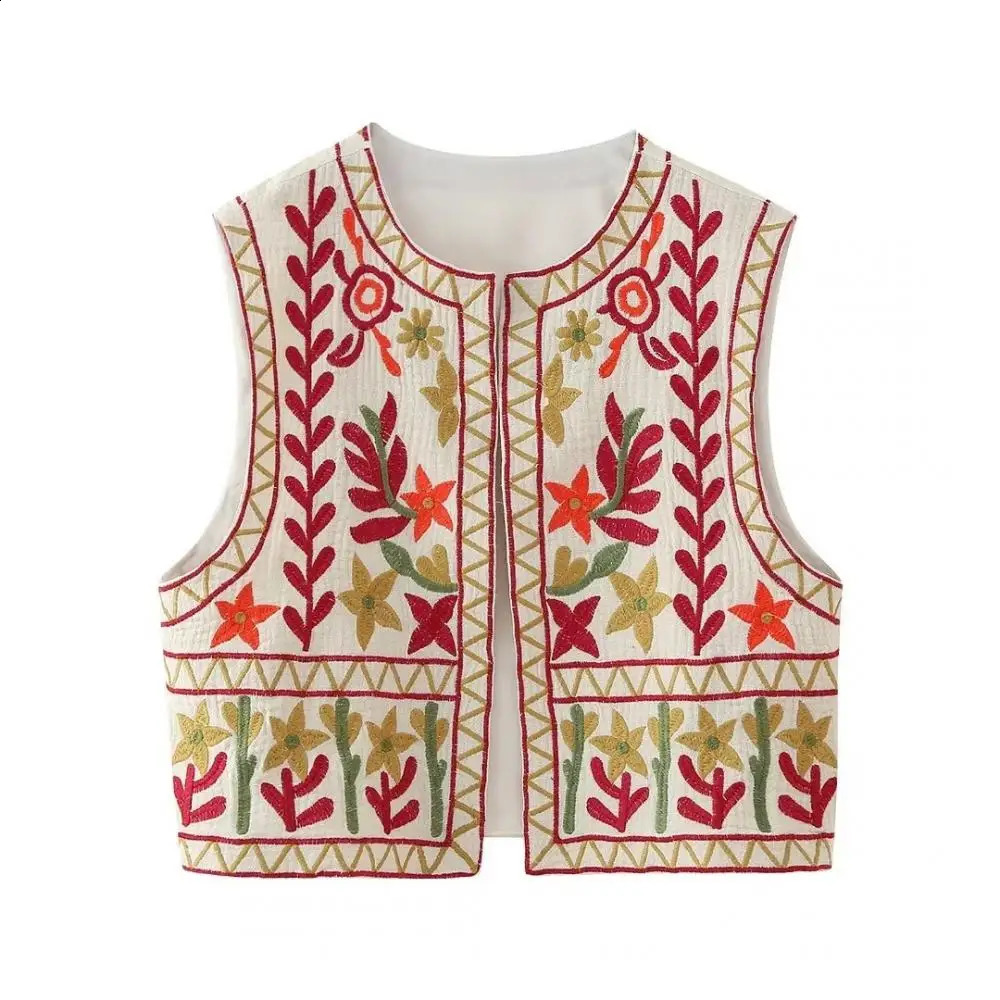 Womens casual embroidered waist jacket fashionable floral print crew collar cardigan printed loose sports vest for going out 240828