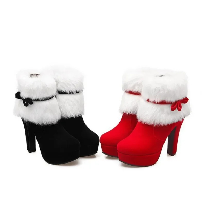 2024 Winter Womens Waterproof Platform High Heels Comfortable Boots with Bow Decoration Christmas Red Boots 240827