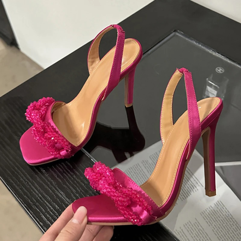 Liyke sexy bouncing sandals womens summer fashion crystal chain square shoelaces slip suspenders thin high heels party dance shoes 240827