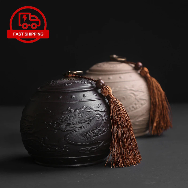 Vintage purple clay tea caddy large circular ceramic storage jar sealed Puer tea box dragon series with tassel tea container jar 240827