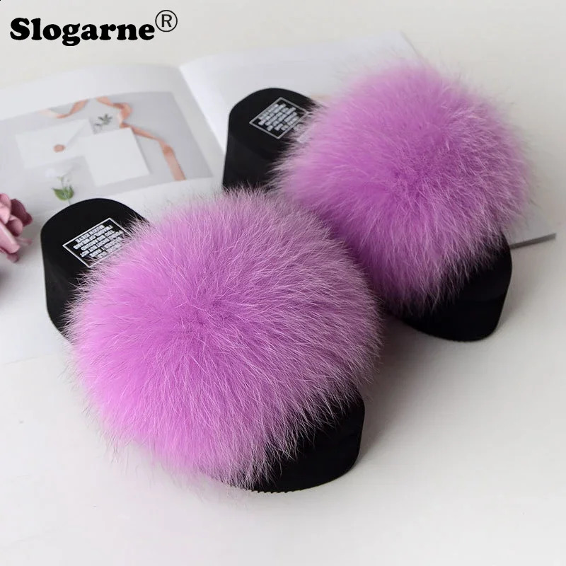 Womens modern fox fur slider womens fashionable outdoor fur slider 5cm thick soled summer platform shoes womens high heels flip cover 240827
