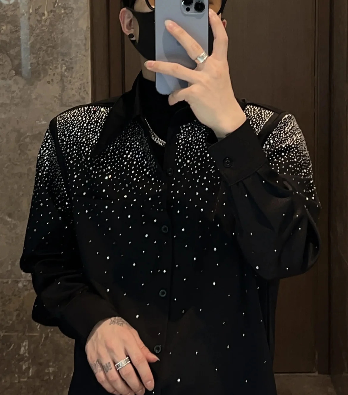 High-end Rhinestone Shirt Mens Long Sleeve Autumn Fashion Trendy Non-Ironing Casual Shirts Streetwear Mens Clothing
