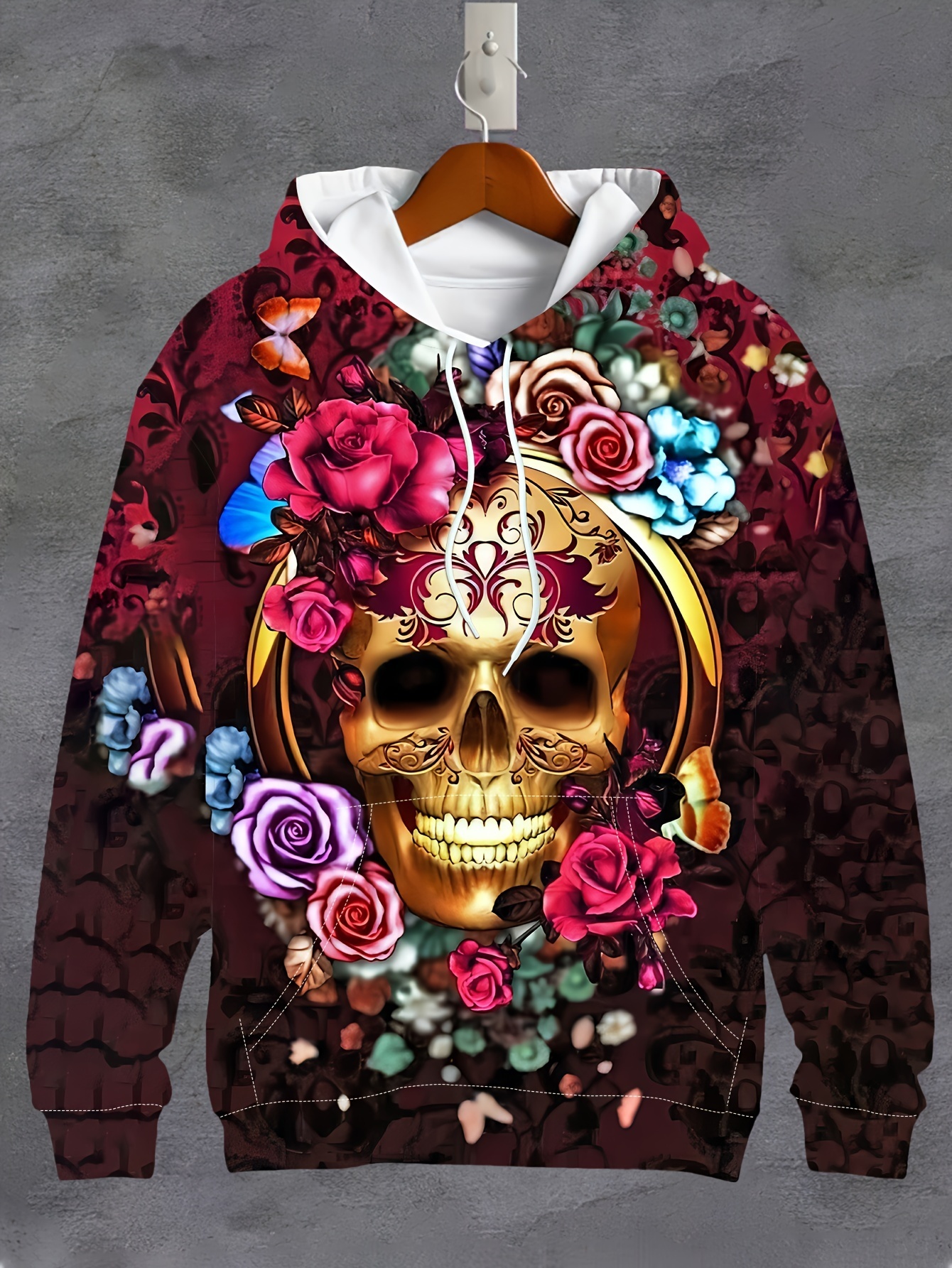 Halloween Men's 3D Digital Retro Style Golden Skull And Rose Print Hooded Sweatshirt With Kangaroo Pocket, Sports Fashion Hoodie For Spring And F