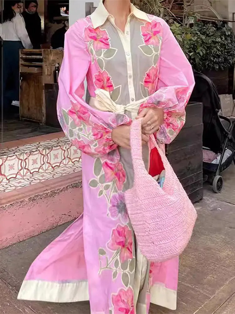 Womens contrasting printed shirt dress casual lapel single chest long sleeved split style womens fashionable robe 240828