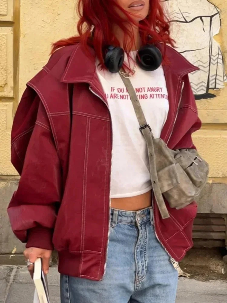 Fashion womens solid jacket loose retro collar long sleeved zipper Pu leather top autumn womens jacket 240827