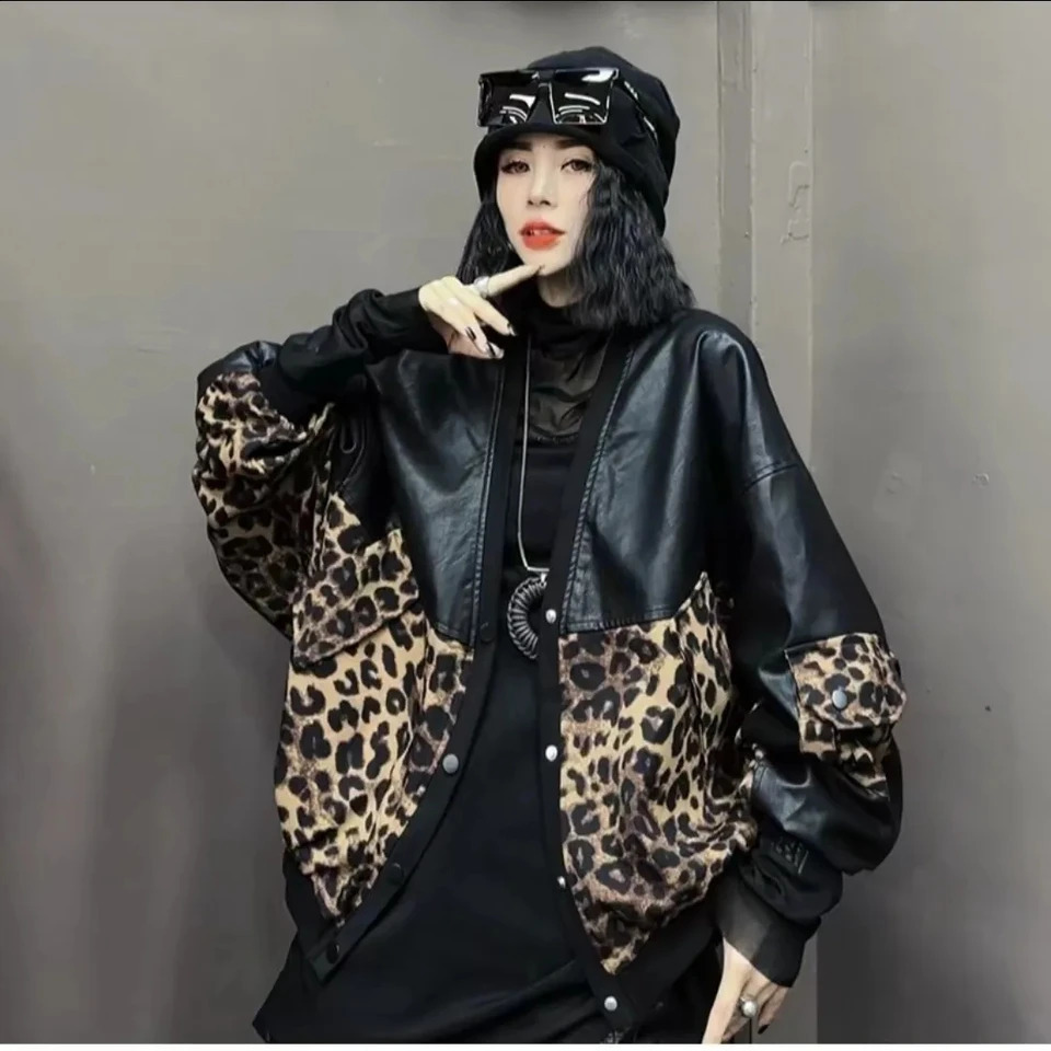 Autumn Leopard Pattern Splicing Leather Jacket Womens Warm Open PU Leather Jacket Long Sleeve Loose Top Womens Coat 240827