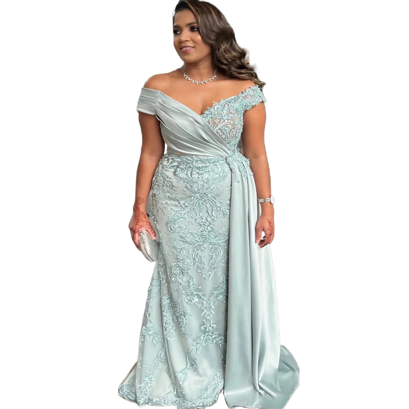 Elegant Mother Of The Bride Dresses Lace Appliques Off Shoulder Mermaid Formal Dress Peplum Aso Ebi Arabic Long Wedding Party Gowns For Women