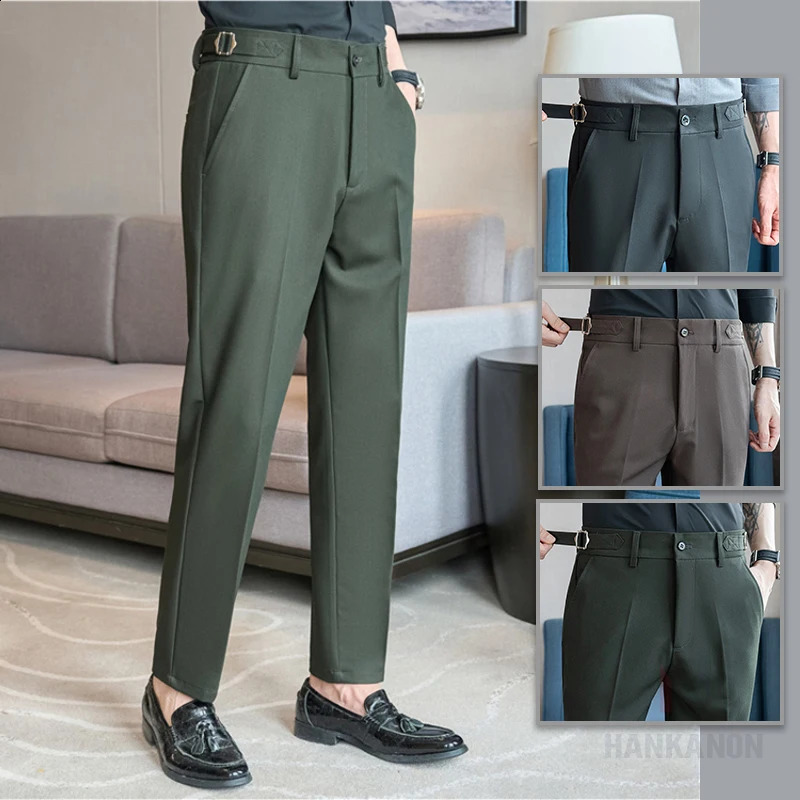 Summer thin Naples casual mens clothing high-end dark green suit pants drawstring cool non ironing fabric elastic waist 240828