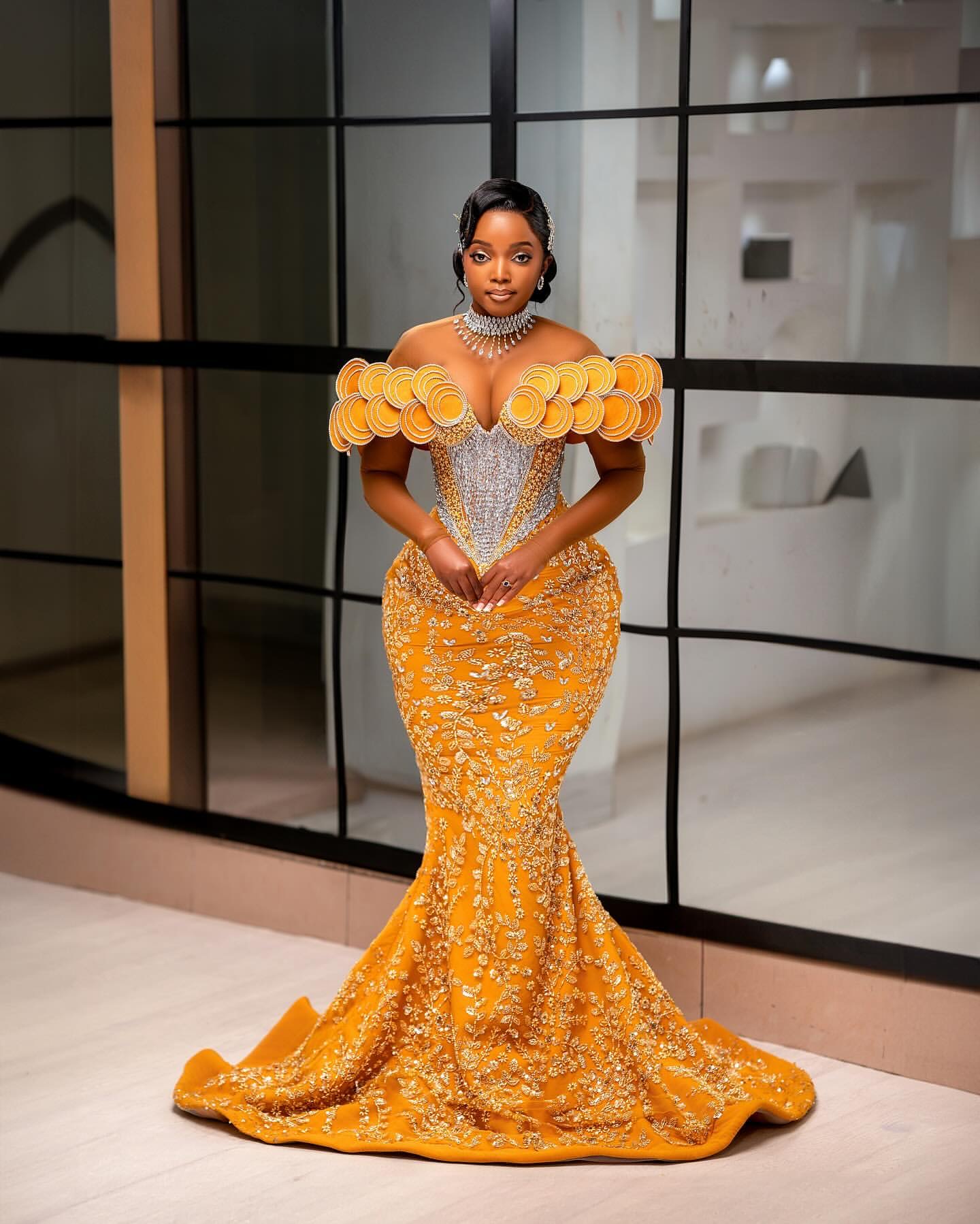 African Aso Ebi 2025 Yellow Mermaid Prom Dress Lace Dresses For Special Ocns Rhies rals Evening Formal Party Birthday Second Engagement Gowns