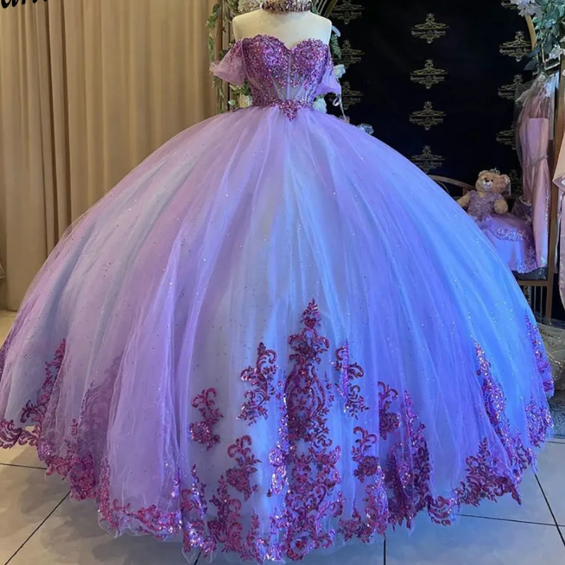 Lilac Illusion Beading Crystal Quinceanera Dresses Ball Gown Off The Shoulder Sequined Appliques Lace Sweet 15 Birthday
