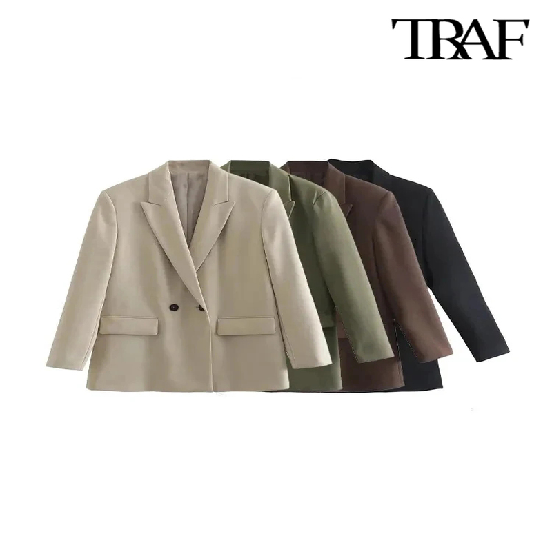 TRAF Womens Fashion Double Chest Loose Set Jacket Retro Long Sleeve Pocket Coat 240827