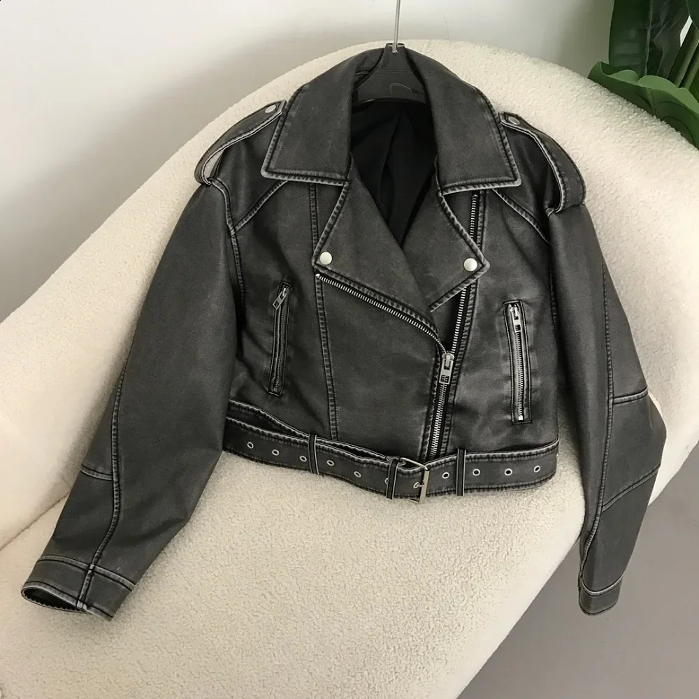 bicycle jacket fashionable womens spring synthetic leather jacket fashionable retro American streetwear short lapel zipper with streetwear 240827
