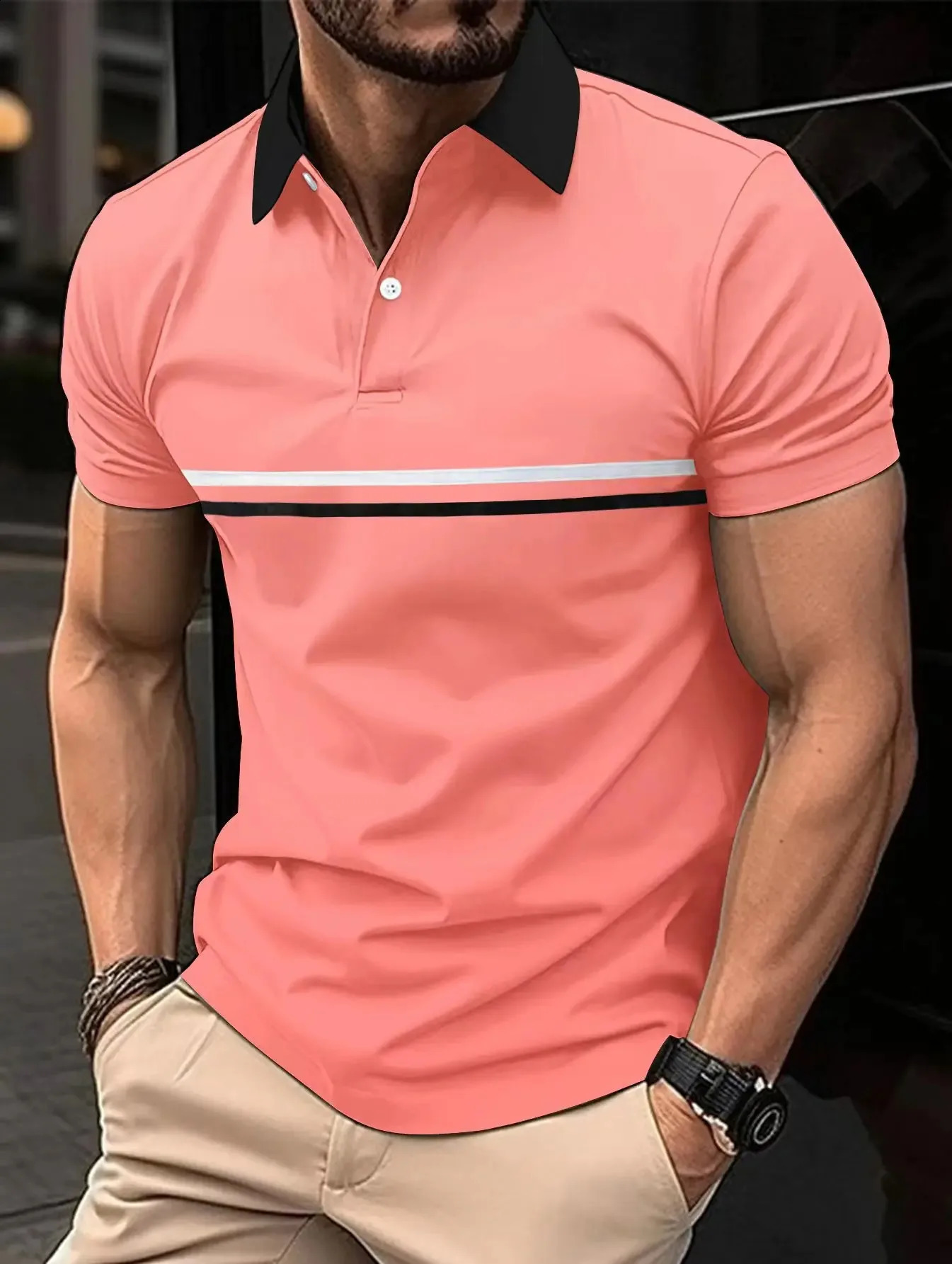 Summer selling Mens Polo Shirt with Collar Short Sleeve Floral Casual Sports Solid Color Bracket Trendy Tshirt 240828