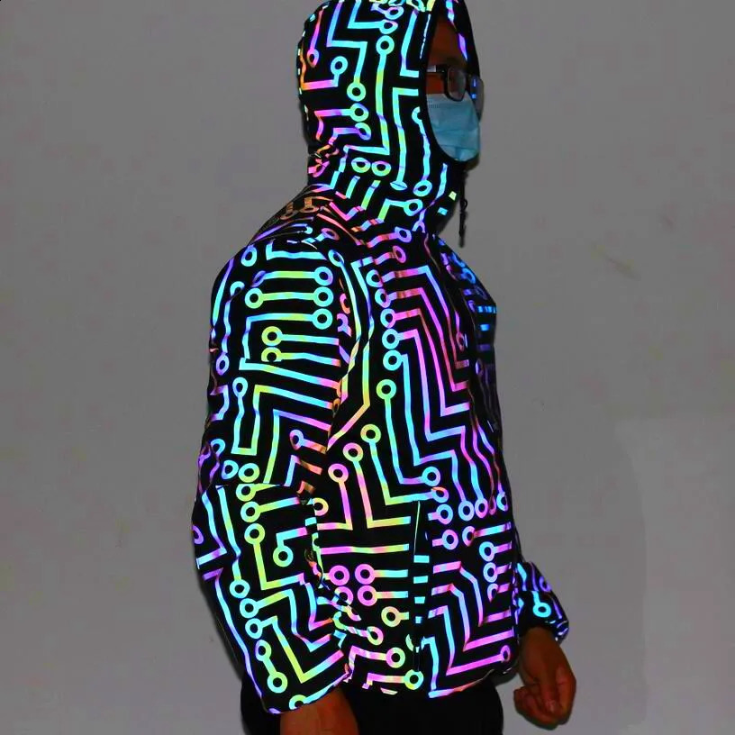 Geometric Circuit Colorful Reflective Jacket Men Women Street Casual Coat Hip Hop Punk Jackets 240815