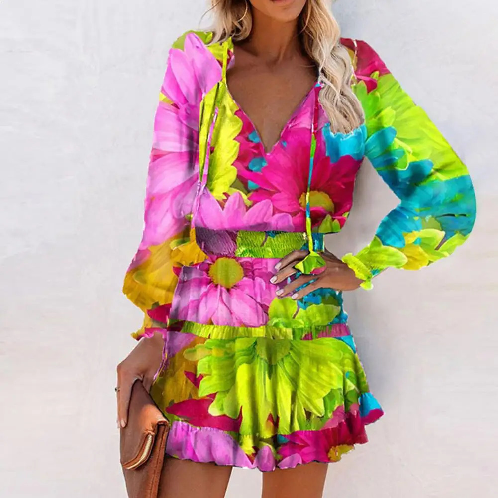 Vneck lace mini dress breathable waist tight long sleeved colorful printed pleated hem party womens 240828
