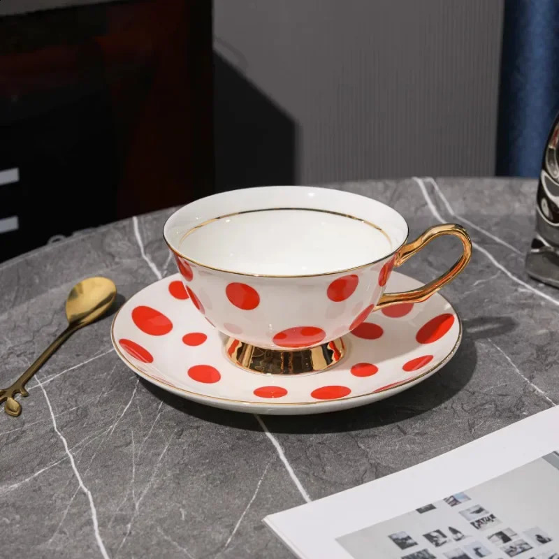 European style black and white polka dot gold-plated bone Chinese coffee cup -200ml lightweight afternoon tea cup used for coffee 240827