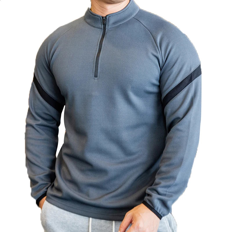 Gym mens Tshirt long sleeved ultrathin dry fit sports fitness winter comfortable breathable training half zip collar sportswear 240827