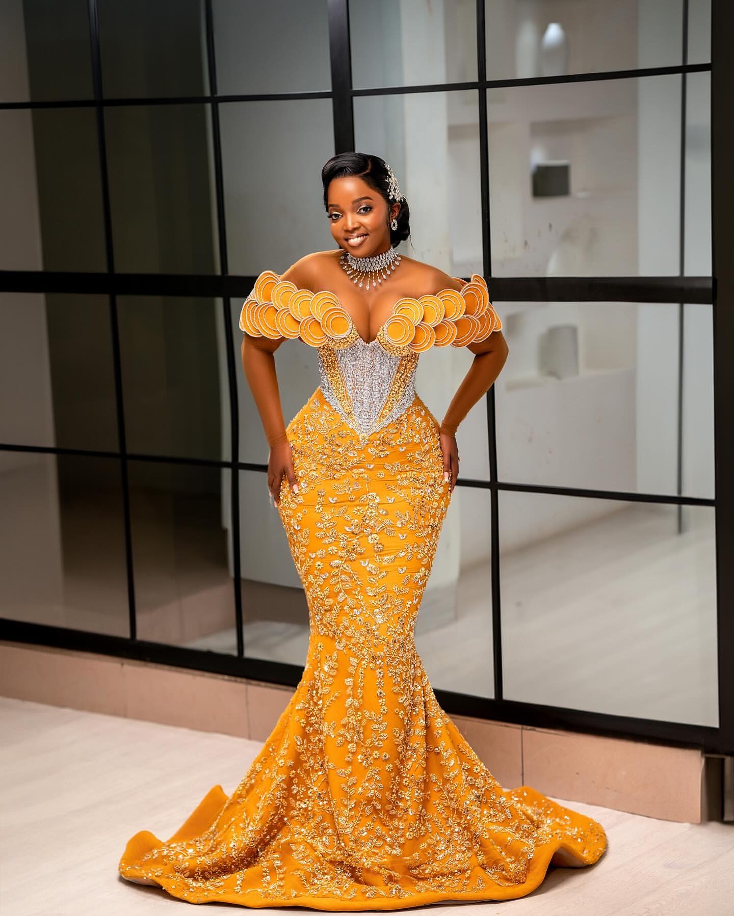 African Aso Ebi 2025 Yellow Mermaid Prom Dress Lace Dresses For Special Ocns Rhies rals Evening Formal Party Birthday Second Engagement Gowns