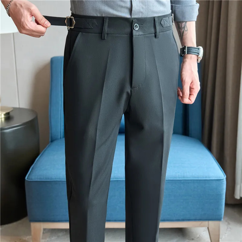 Summer thin Naples casual mens clothing high-end dark green suit pants drawstring cool non ironing fabric elastic waist 240828