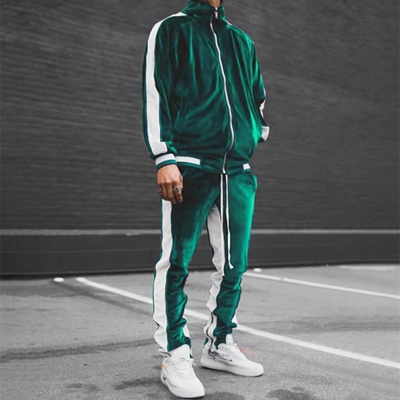 Latest mens velvet sportswear patchwork sportswear mens 2-piece set hooded sweatshirtpants blue sportswear spring autumn sportswear 240827