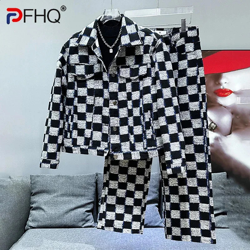 PFHQ Checkered Color Block Denim Set Mens Fashion Personality Haute Quality Male Two Piece Jackets Pants Summer 21Z02 240827