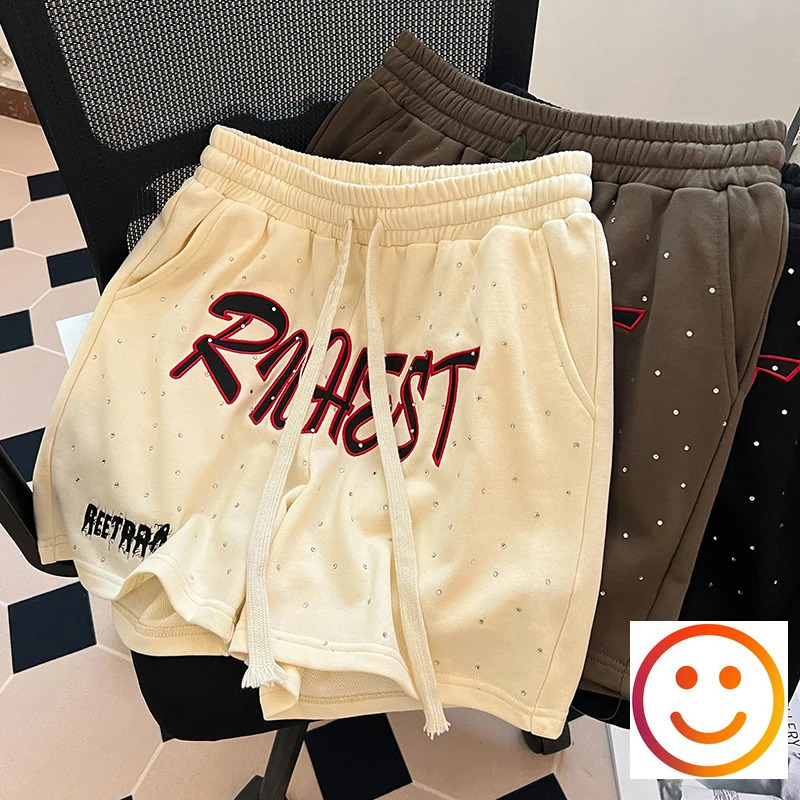 Diamond Patch Embroidered Letter Casual Shorts Loose Drawstring Shortpants Jorts for Men Women 240827
