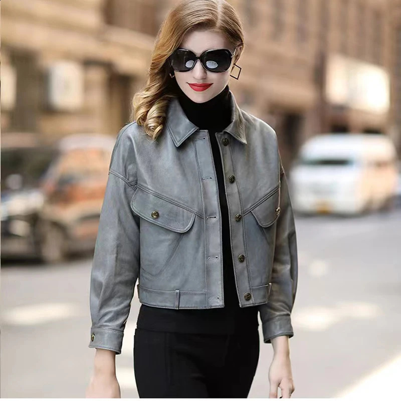 Khaki leather jacket winter coat womens sheepskin short casual full matching show thin motorcycle small Chaqueta Jassen women 240827