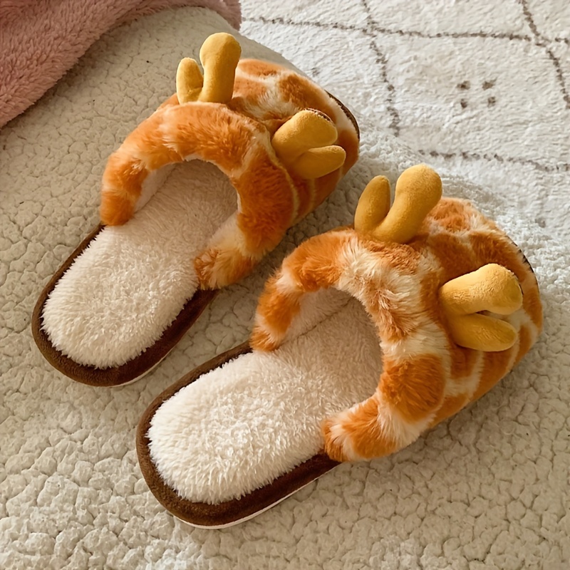 Kawaii Cartoon Giraffe Plush Slippers - Soft Fabric Inner, Fluffy Open-Toe Design, Cozy Slip-On Shoes for Women - Casual Bedroom Slippers with PVC Sol