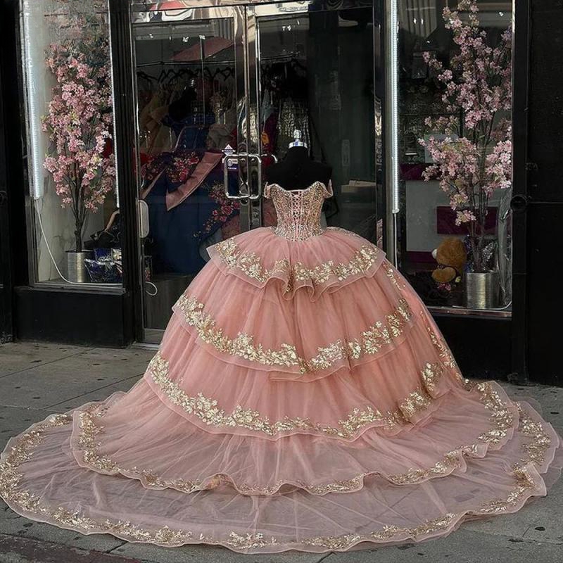 Sparkly Pink Quinceanera Dresses Ball Gown For Sweet Girls 3D wers Vestidos 15 De XV Anos Beads Birthday Prom Dress