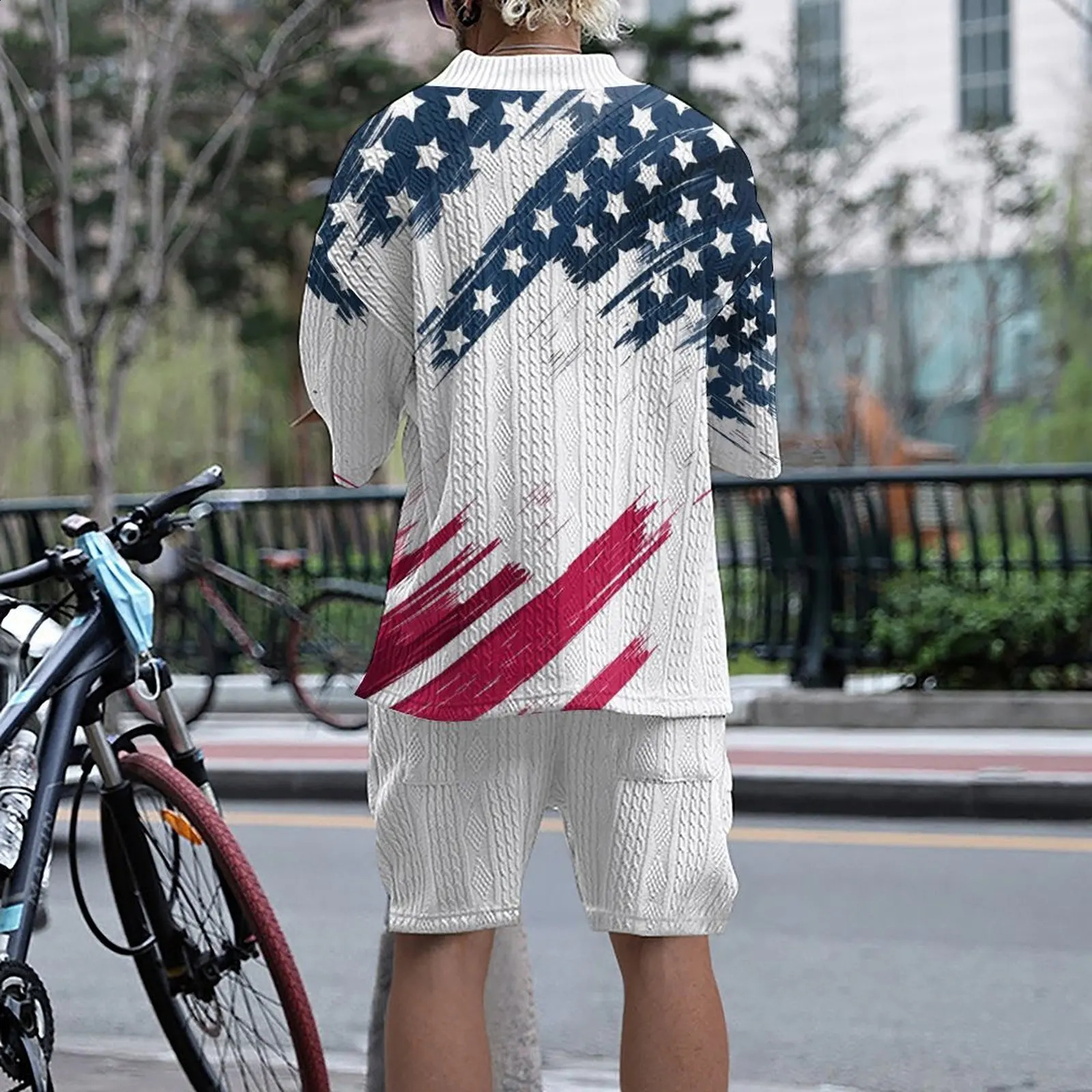 Mens Independence Day 3D Printing Heavy Duty Workday Momato Casual Sportswear Vneck Two Piece Set 240827