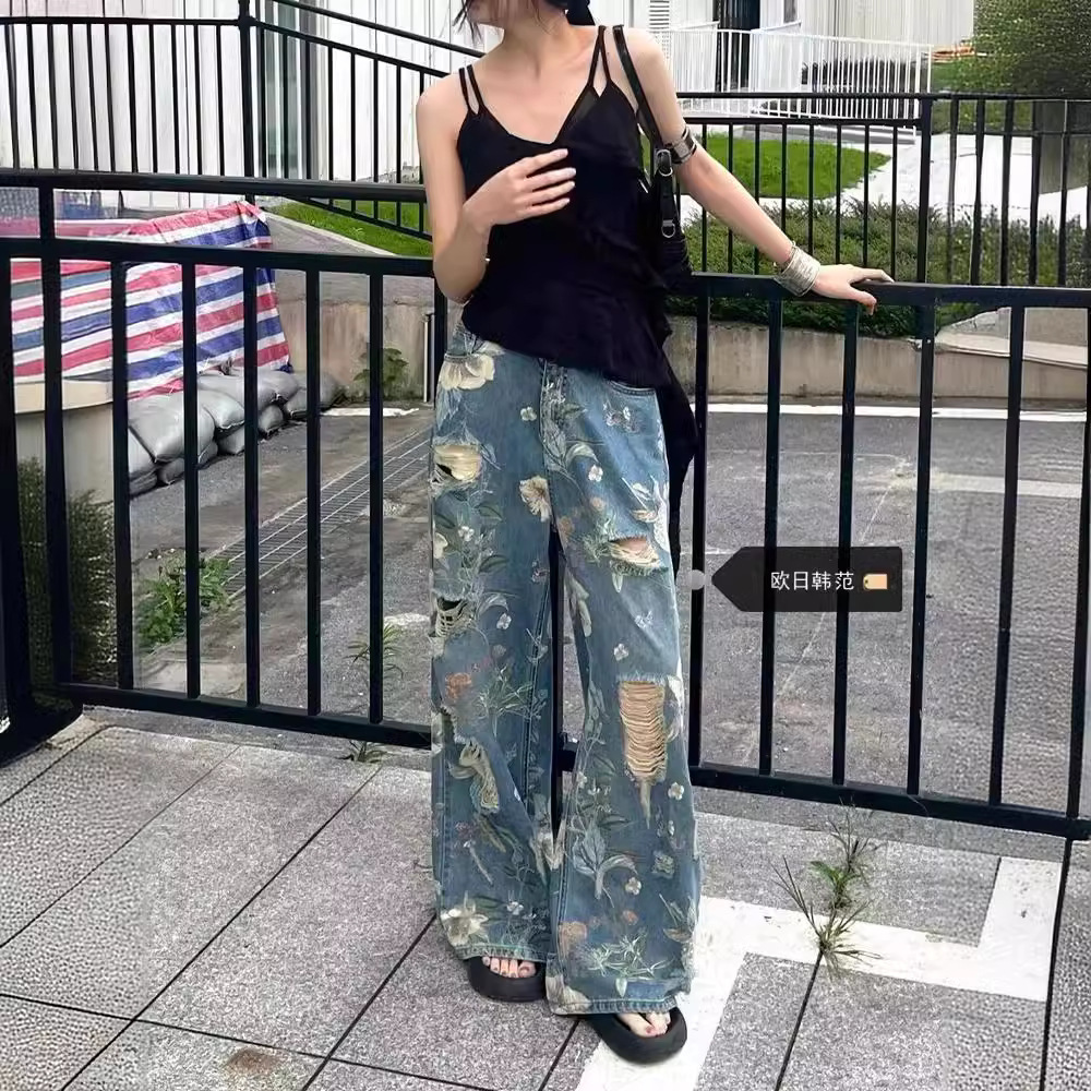 American Vintage Floral Graffiti Print Distressed Jeans for Women Summer Design High Waist Loose Straight Leg Wide Leg Floor-Length Pants