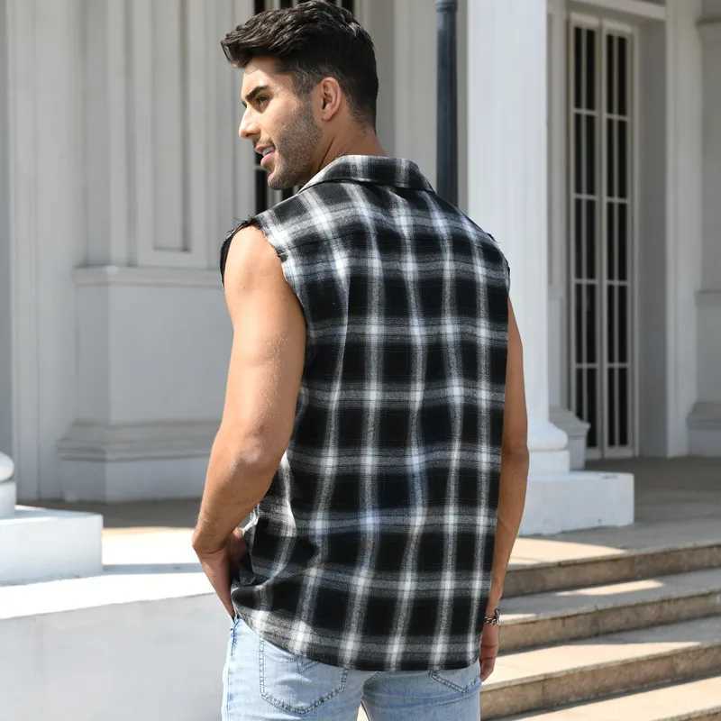 Mens summer fashion casual plain weave sleeveless T-shirt vest button sanding 2023 Korean mens vest top beach vestW240718