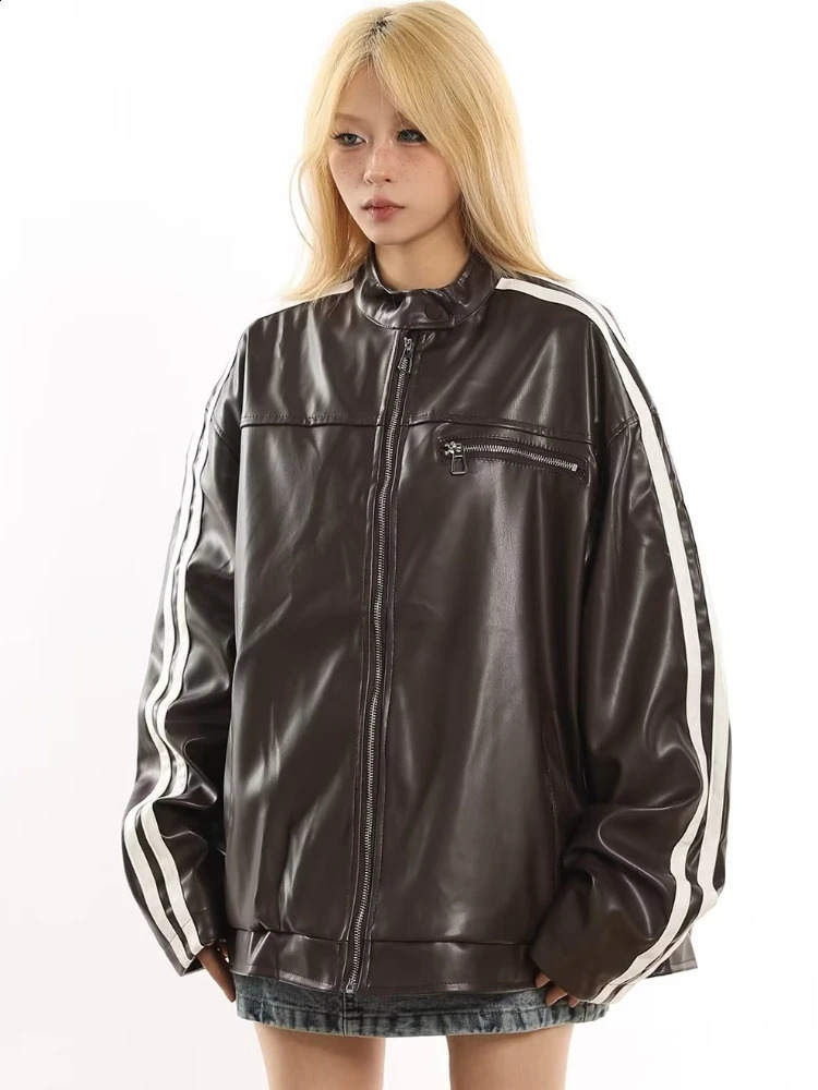 Womens Jacket Autumn American Retro Hip Hop Motorcycle Style Pu Leather Long Sleeve Contrastive Color Street Neutral 240827