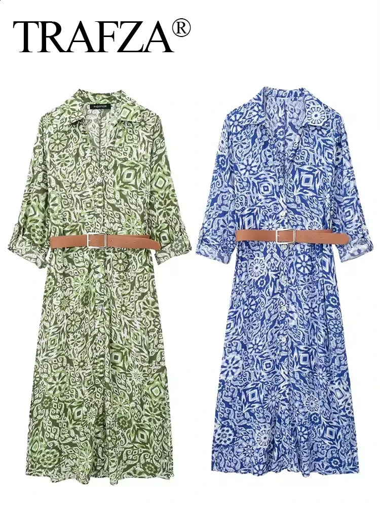 TRAFZA Womens Fashion Shirt Dress with Long Sleeve Collar Retro Button Up Floral Print Elegant Midi 240828