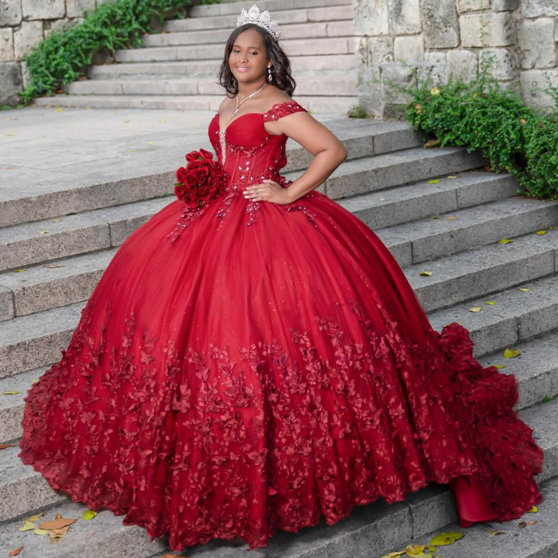 Red Shiny Quinceanera Dresses Ball Gown With Cape Beading Crystals Bow Tull Corset Sweet 16 Dress Vestido De 15 Anos