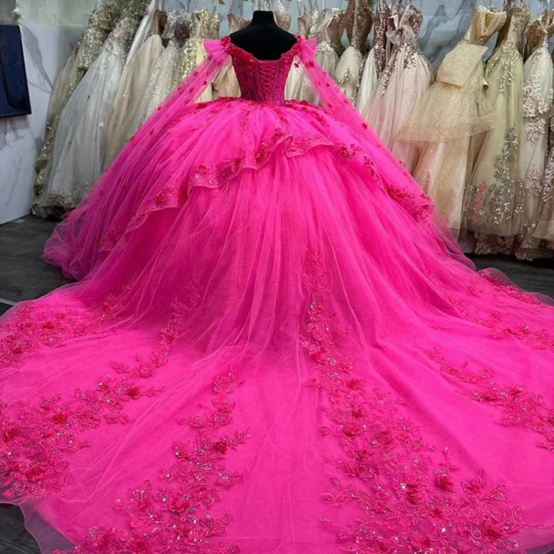 Rose Red Quinceanera With Cape Off The Shoulder Applique Lace Tull Ball Gown vestidos para 15 vestido anos Sweet 16 Dress