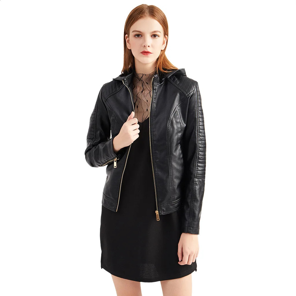 Leather jacket womens wool hooded warm street style comfortable jacket autumn and winter casual fashion slim fit jacket 240827