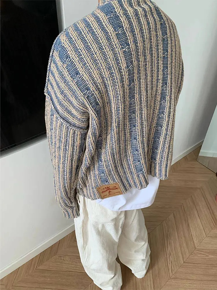 Autumn Winter Mens Sweater Korean Style Y2k Retro Loose Stripe Contrasting Round Neck Casual Long Sleeve Knitted Pullover 240827