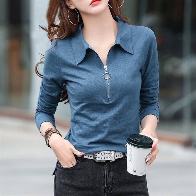 European Station Fashion Long sleeved Polo Neck Pure Cotton T-shirt for Womens Spring Slim Fit Solid Color Bottom Shirt 240827