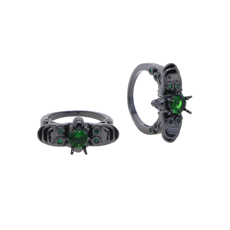 Halloween Iced-Out Skull Cz Ring: Unisex Green Cubic Zirconia Black Ring