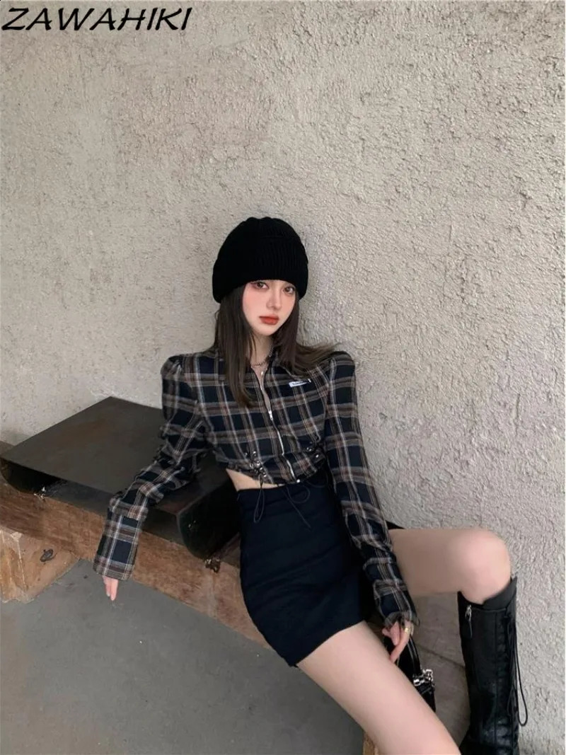 ZAWAHIKI womens spring and autumn shirt fashionable n Y2K polo neck plain weave long sleeves zipper ultra-thin retro top cream 240827