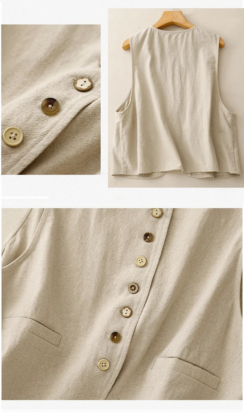 Cotton linen sleeveless solid color shirt jacket for womens spring and autumn literature loose plus size temperature circle 240828