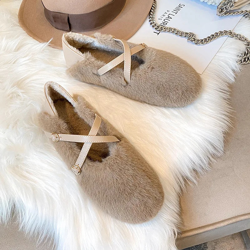 Cross Belt Mink Ballet Dancer Womens Wool Flat Shoes Womens Warm Plush Fur Mocassines Sliding on Cotton Cushion Women 240827